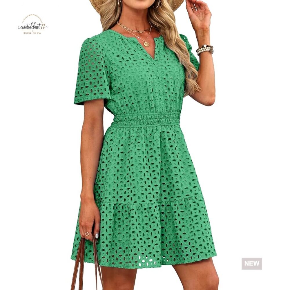 V-Neck Eyelet Lace A-Line Mini Dress, Short Sleeve, Summer Casual